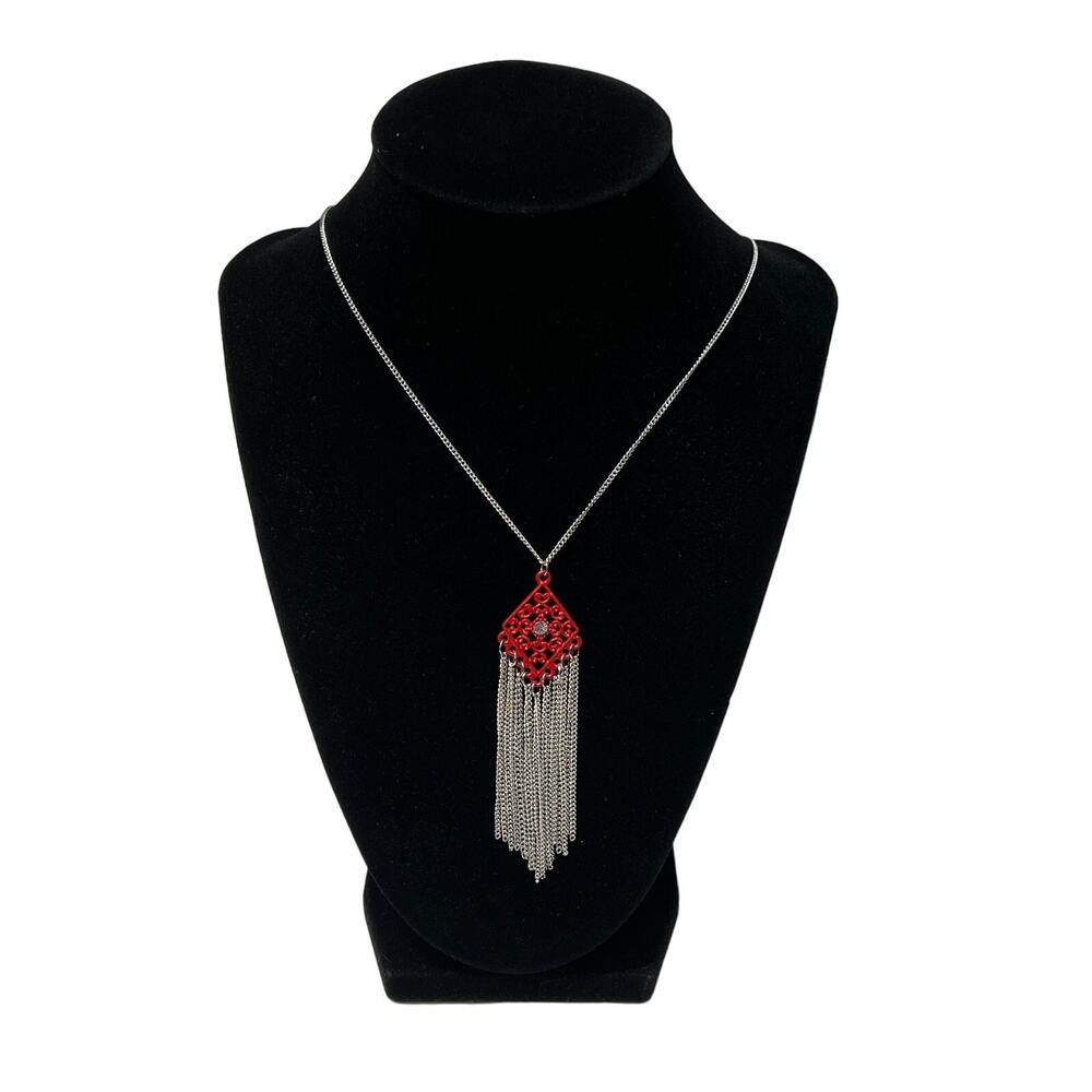 VINTAGE Boho Pendant Necklace Red Filigree Metal With Long Silver Fringe Chains